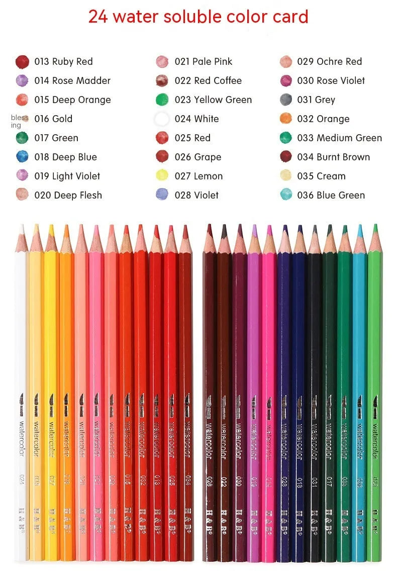 Wooden tin box open to show 24 water-soluble coloured pencils.