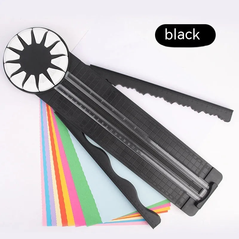 Pink and black plastic paper cutting machine with dotted guides and 12 cutting functions