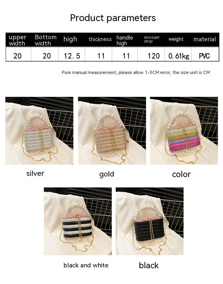 Women's retro style crossbody bag with beaded pearl detail on soft PU material in rounded suitcase shape
