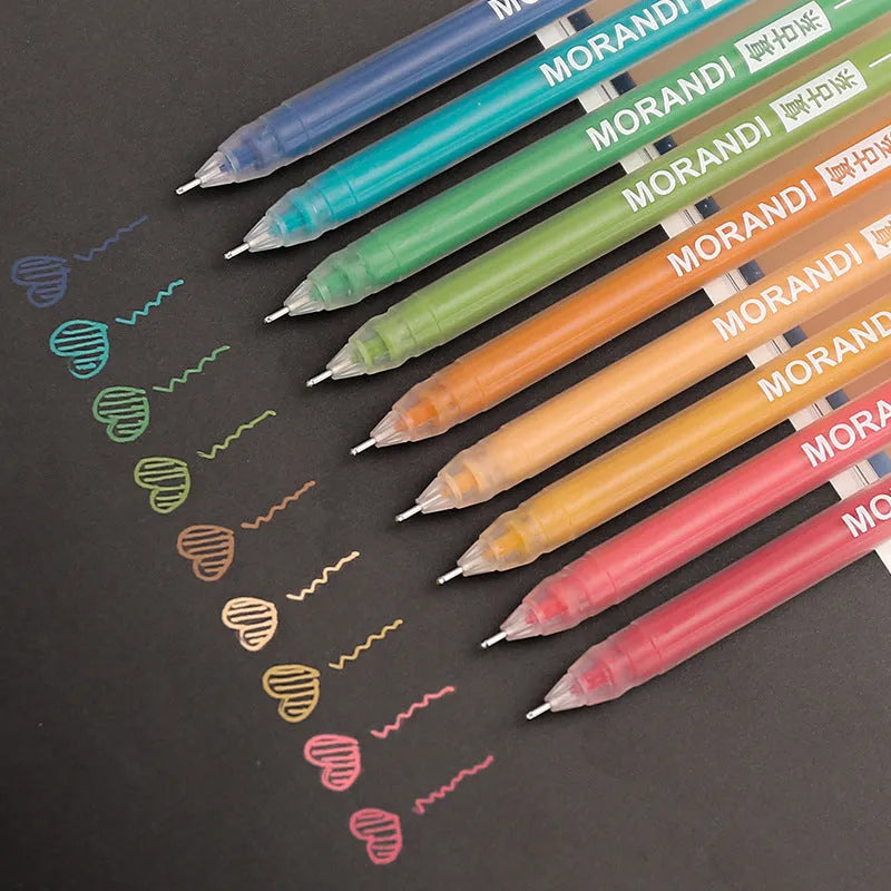 Set of nine colourful retro gel pens with 0.5mm needle tips in a plastic storage case