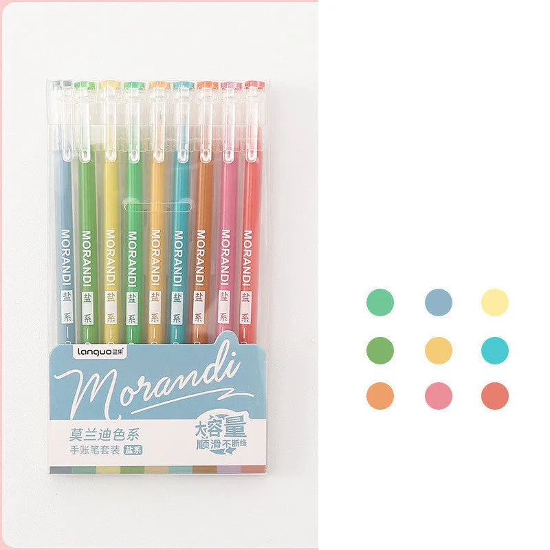 Set of nine colourful retro gel pens with 0.5mm needle tips in a plastic storage case