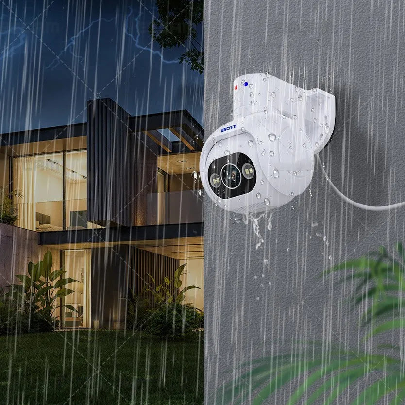 White plastic 4MP smart colour night vision security camera with wall mount bracket.