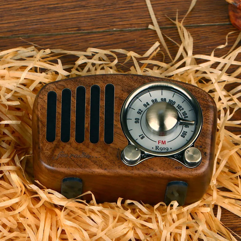 Retro wooden wireless mini speaker in cherry wood or walnut finish showing compact dimensions