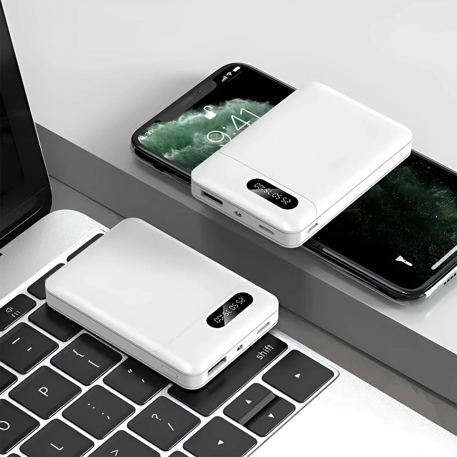 Black or white 10000mAh portable power bank with multiple USB charging ports