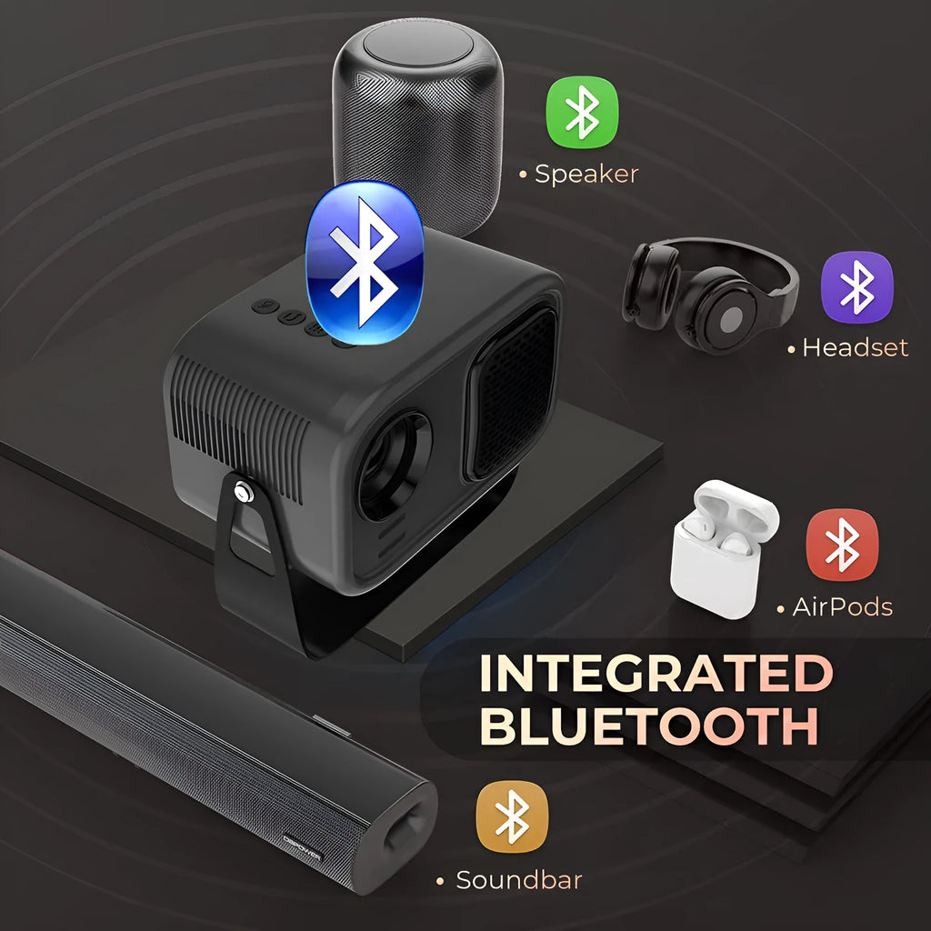 Black portable HD projector with Android system, remote control and multiple power cable adaptors