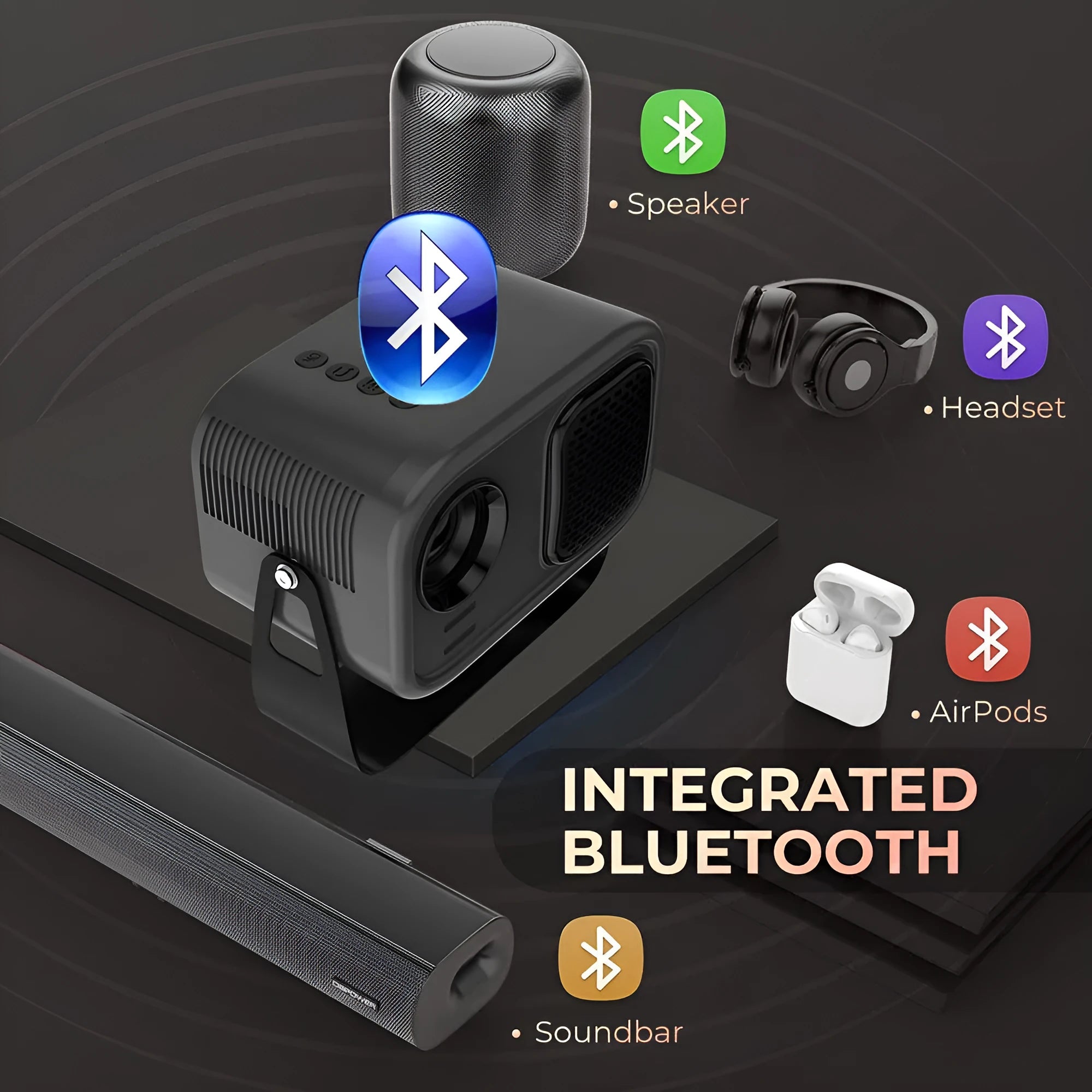 Black portable HD projector with Android system, remote control and multiple power cable adaptors
