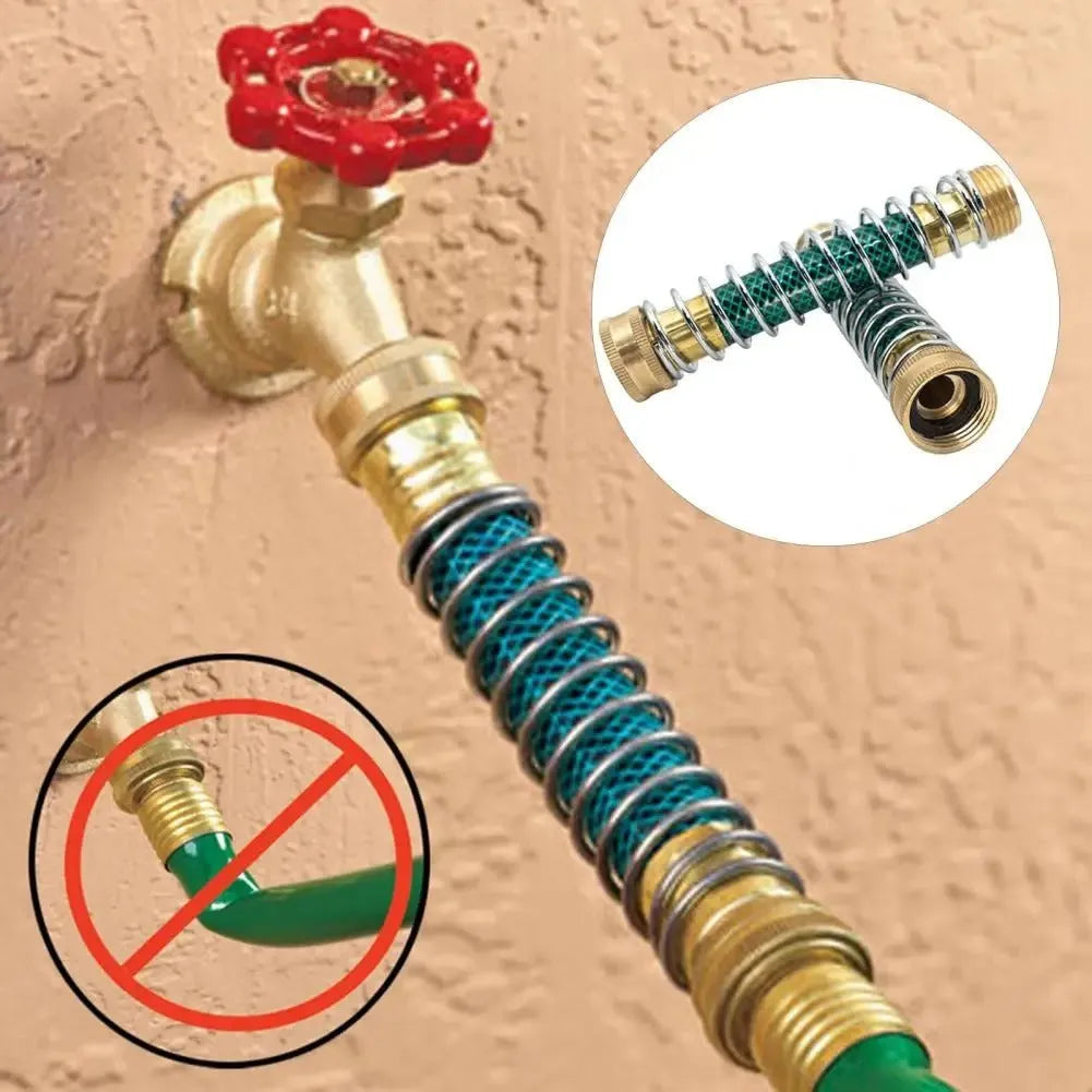 Brass garden hose connector with a coiled spring and 3/4 inch threaded ends on a white background.