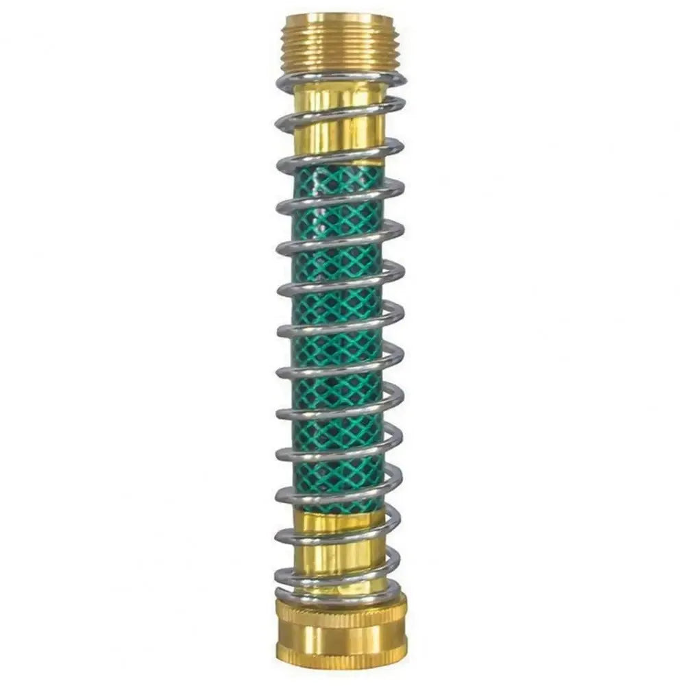 Brass garden hose connector with a coiled spring and 3/4 inch threaded ends on a white background.