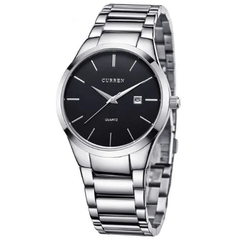 Men's analog quartz wristwatch with date display, 40mm dial, Hardlex mirror, Black silver colour option