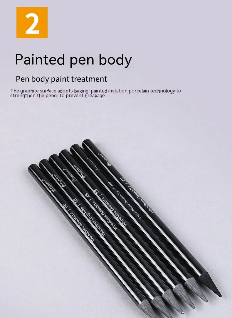 Set of six graphite pencils and three carbonized pencils in wooden casings on suction card packaging.