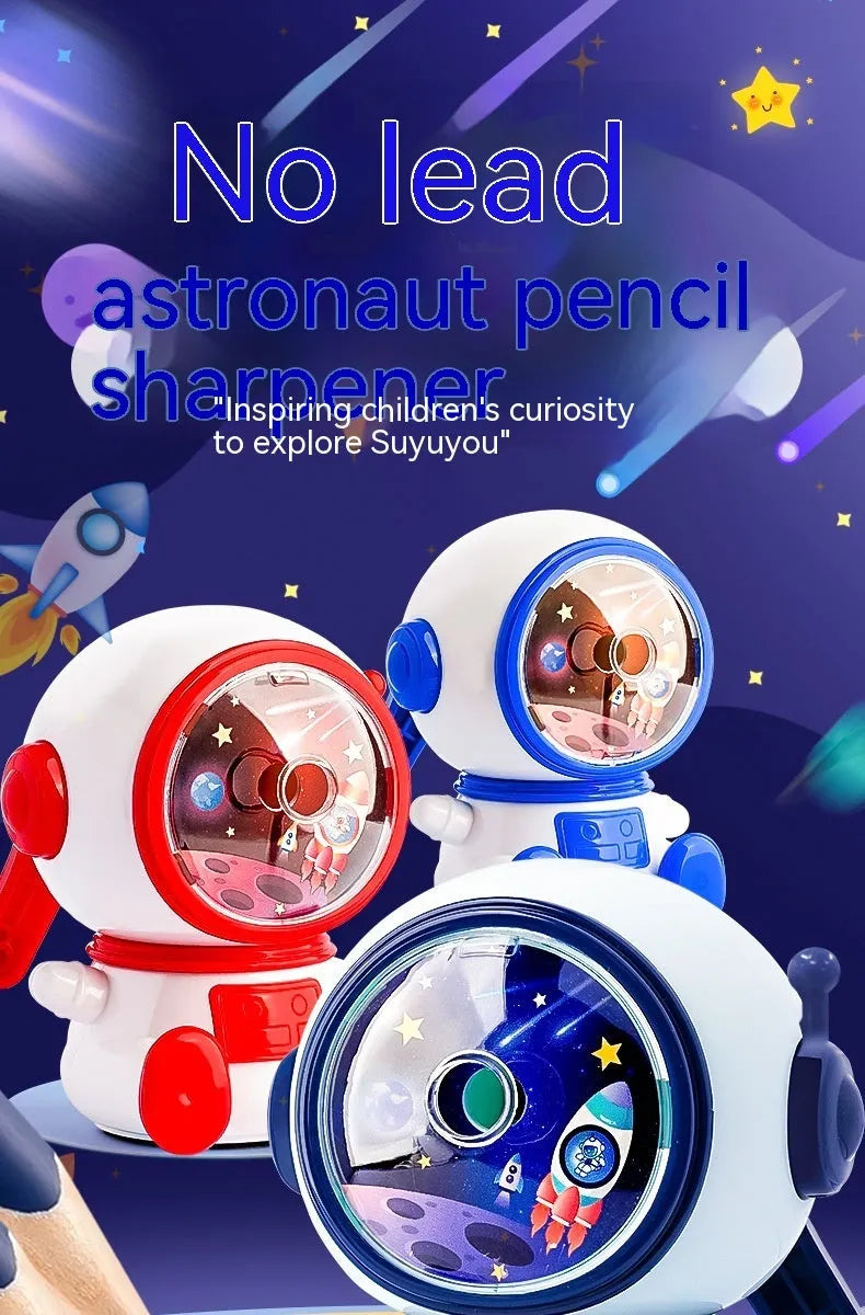 Astronaut cartoon pencil sharpener in blue or pink with anti-jam function and adjustable sharpening levels