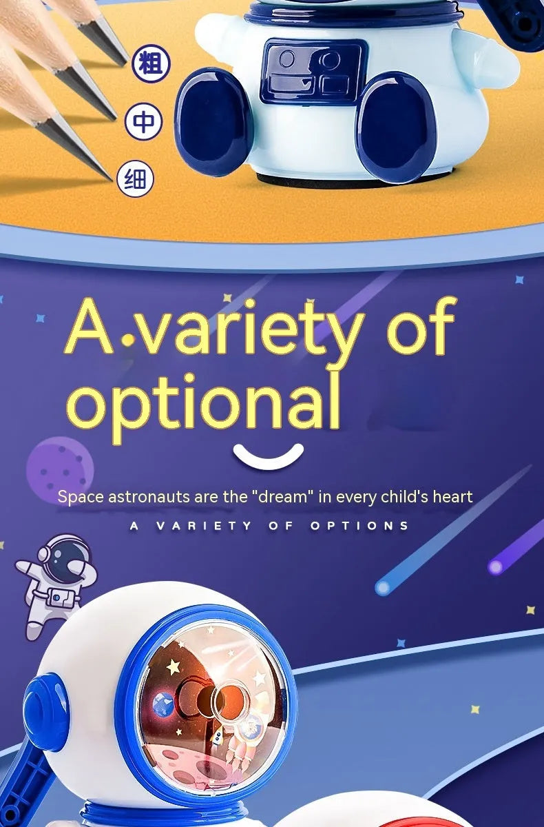 Astronaut cartoon pencil sharpener in blue or pink with anti-jam function and adjustable sharpening levels