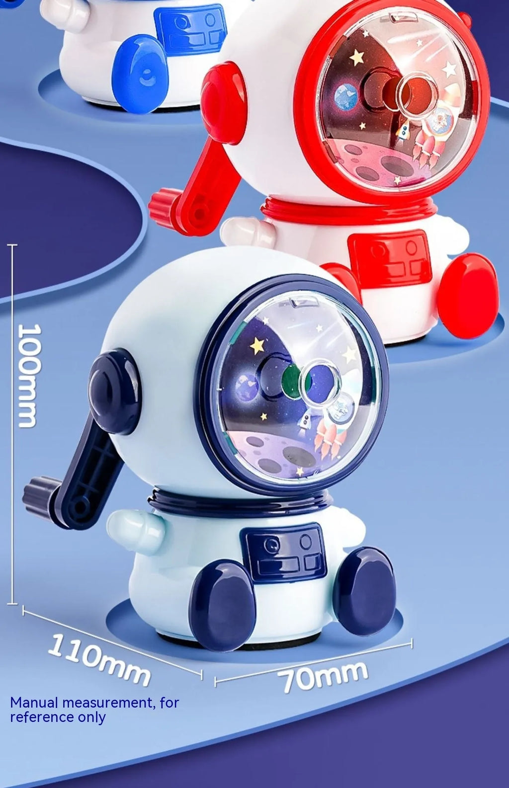 Astronaut cartoon pencil sharpener in blue or pink with anti-jam function and adjustable sharpening levels