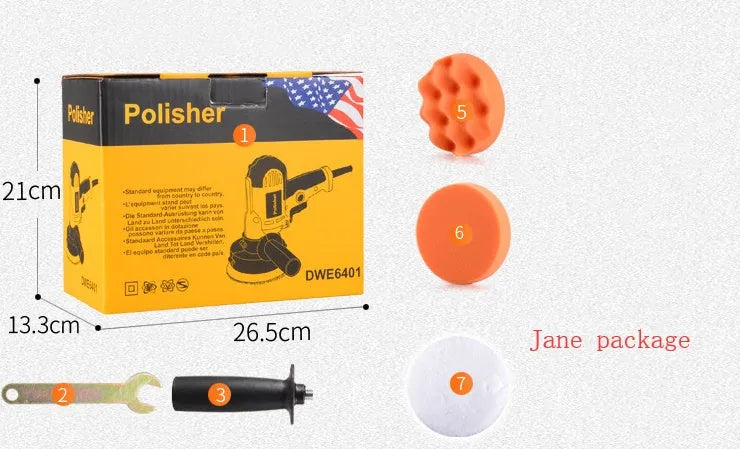 Yellow automotive polishing machine with 125mm disc on a workbench.