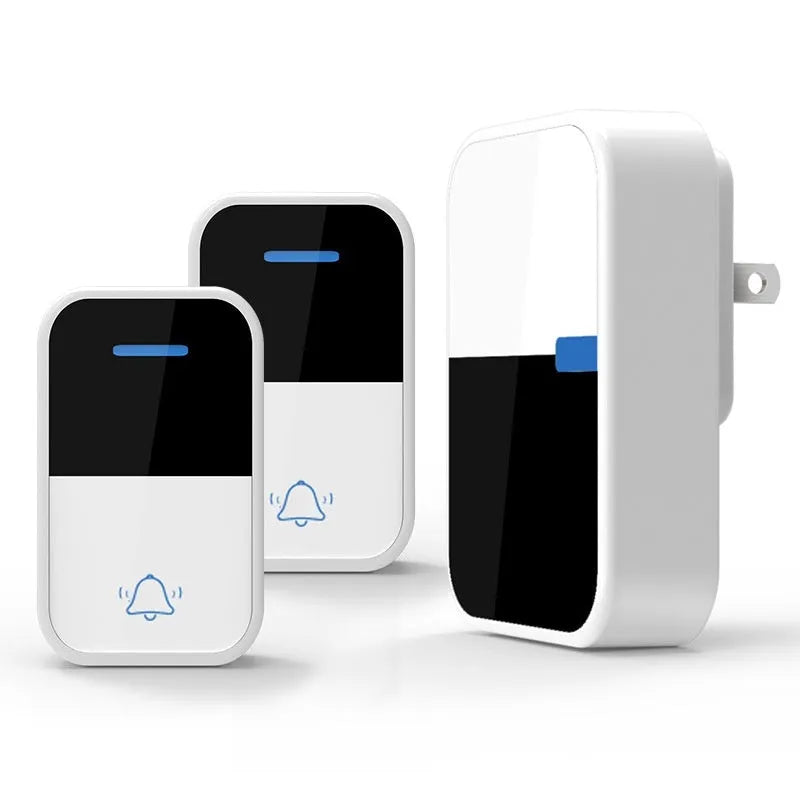 Modern white plastic wireless doorbell unit with receiver and transmitter for 150m range.