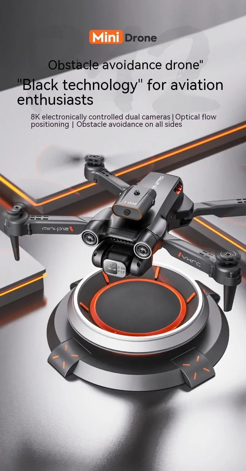 Black and orange remote-controlled quadcopter with HD camera folded for transport showing propeller blades and infrared sensors