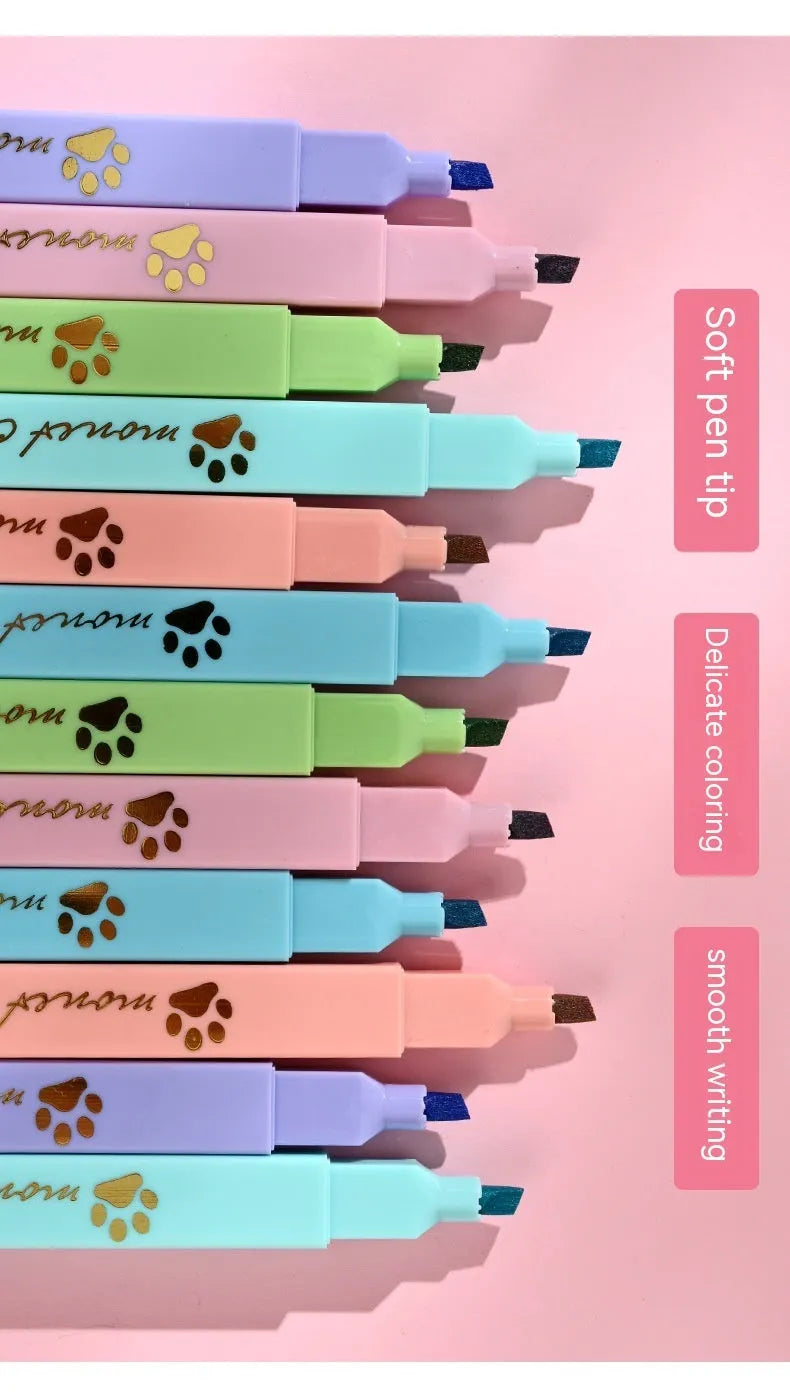 Box of six Cat's Paw fluorescent marking pens with oblique head tips in assorted colours.