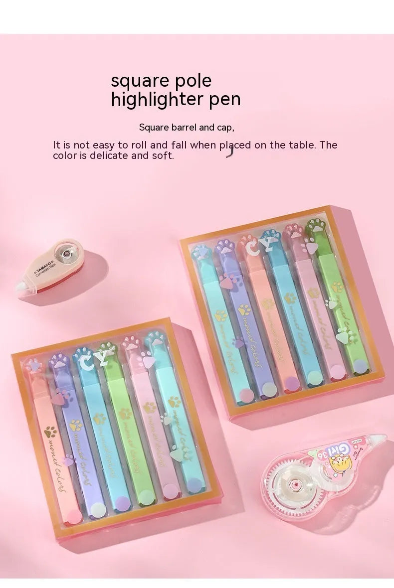 Box of six Cat's Paw fluorescent marking pens with oblique head tips in assorted colours.
