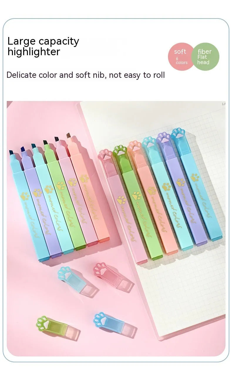 Box of six Cat's Paw fluorescent marking pens with oblique head tips in assorted colours.