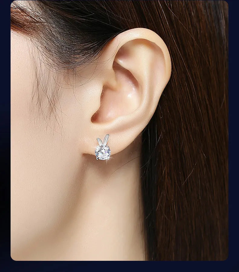 Rabbit moissanite sterling silver ear studs 925 silver 1 karat option