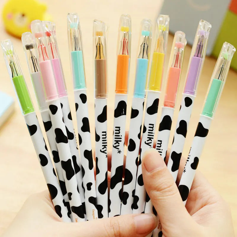 Box of 12 assorted colour gel pens with 0.38mm fine tips and plastic cow design shells