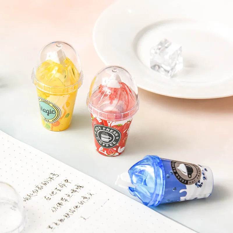 Ice cream shape correction tape in blue plastic shell with tea cup design, 2x7cm