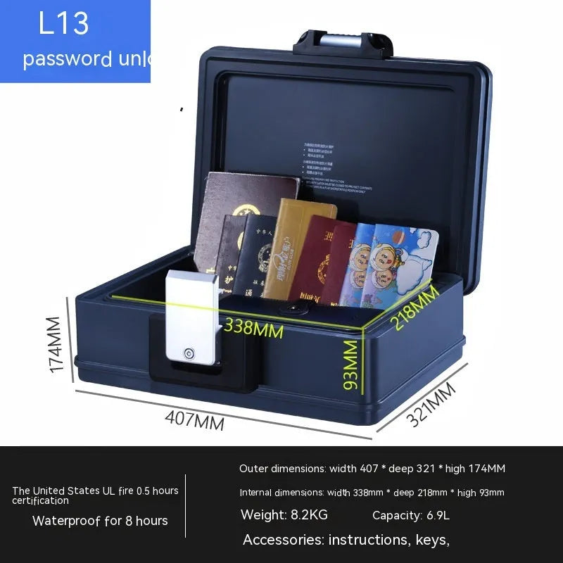 Small portable steel safe box with a mechanical combination dial lock on the front.