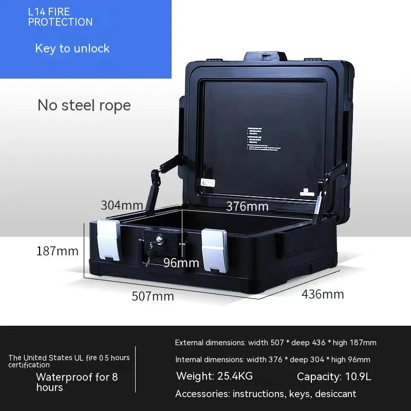 Small portable steel safe box with a mechanical combination dial lock on the front.