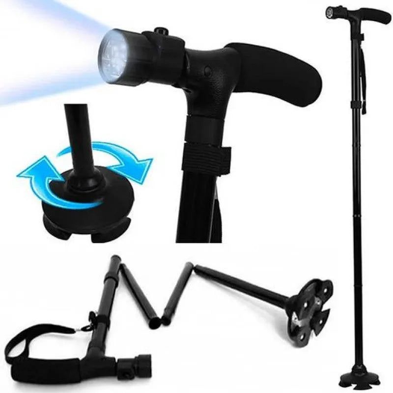 Black LED folding cane for elderly with aluminium tube construction and 6 LED flashlight
