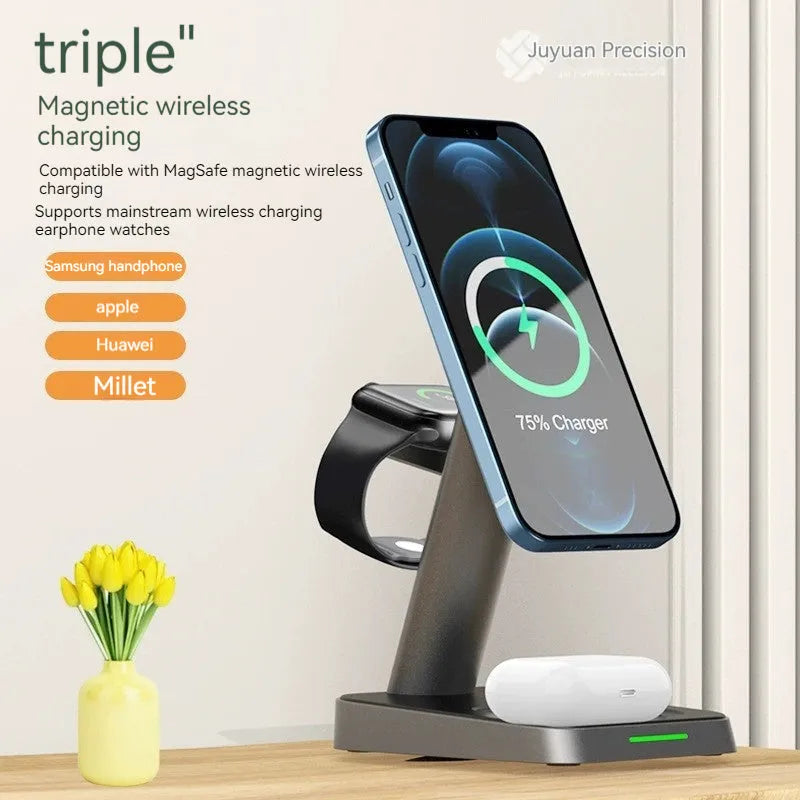 Black cubic vertical wireless phone charger with integrated watch charging and 10000mAh power bank
