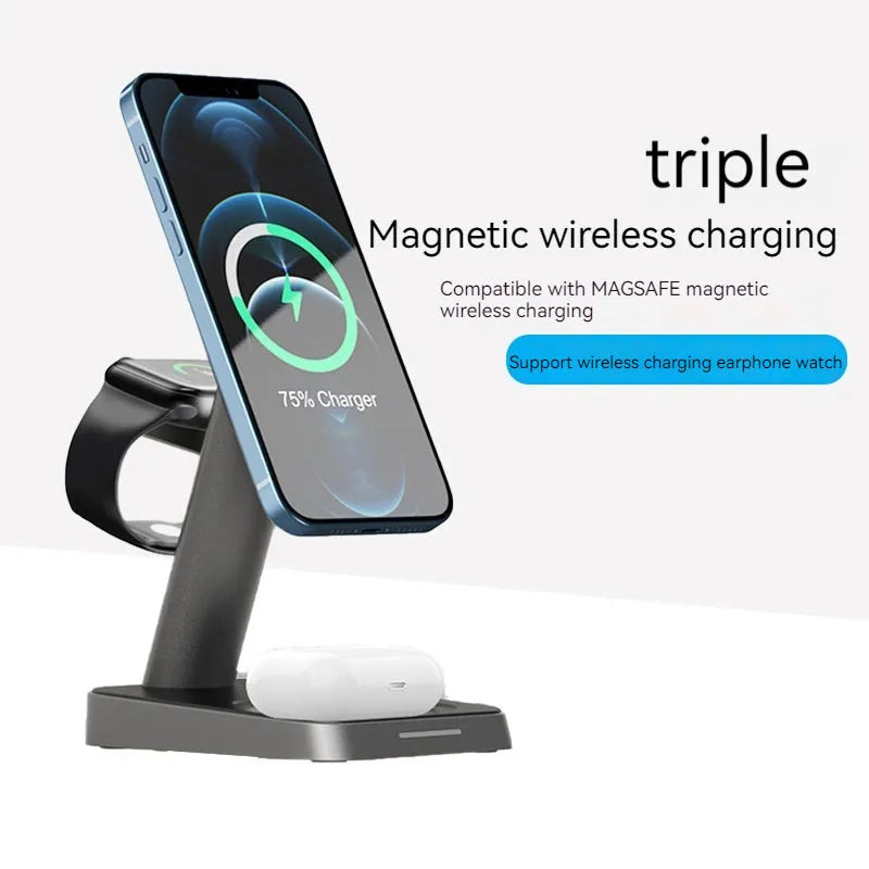 Black cubic vertical wireless phone charger with integrated watch charging and 10000mAh power bank