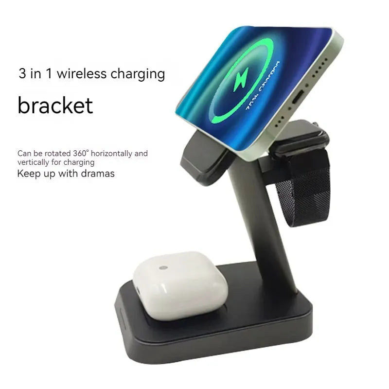 Black cubic vertical wireless phone charger with integrated watch charging and 10000mAh power bank