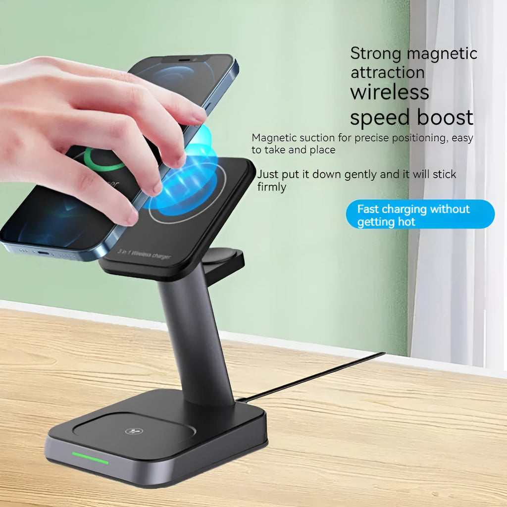 Black cubic vertical wireless phone charger with integrated watch charging and 10000mAh power bank