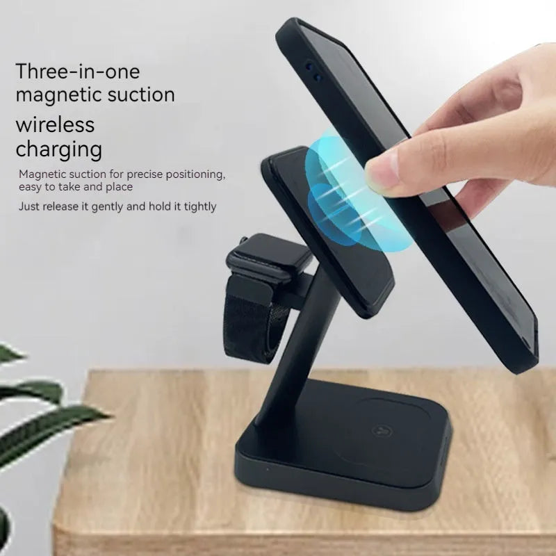 Black cubic vertical wireless phone charger with integrated watch charging and 10000mAh power bank