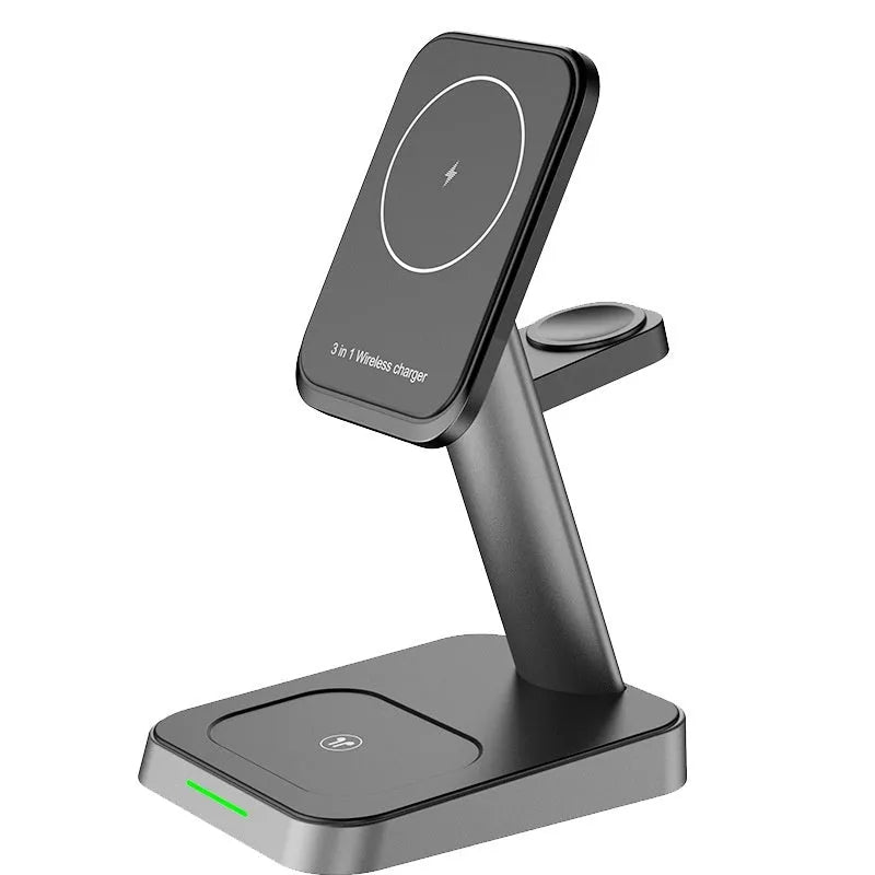 Black cubic vertical wireless phone charger with integrated watch charging and 10000mAh power bank