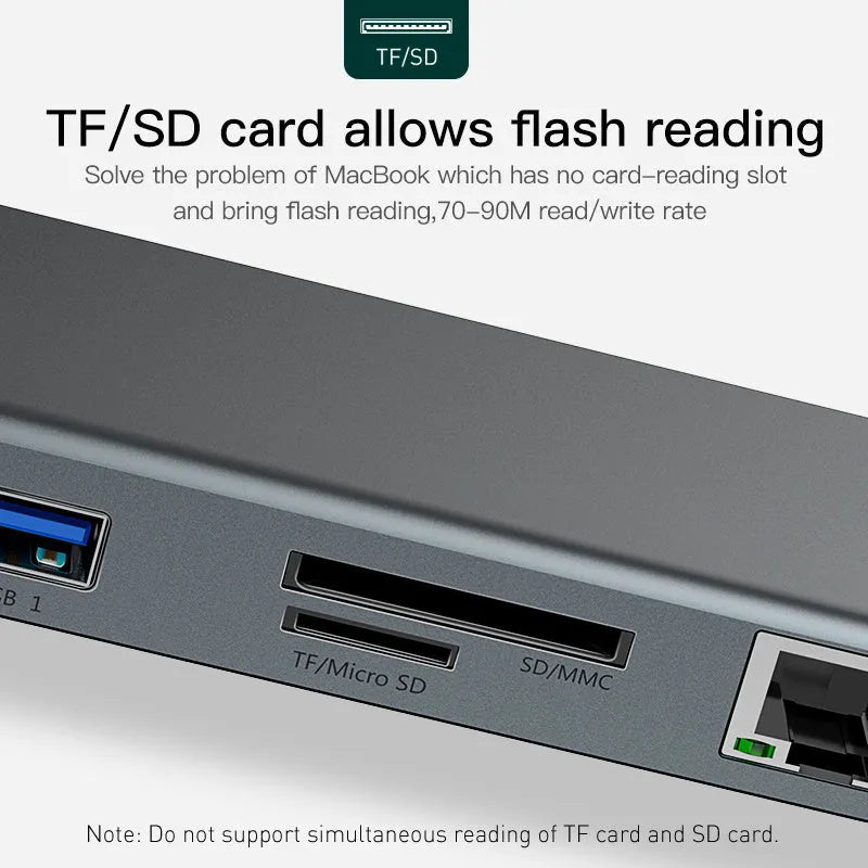Grey aluminium 10-port docking station with cooling bracket showing HDMI VGA and USB ports