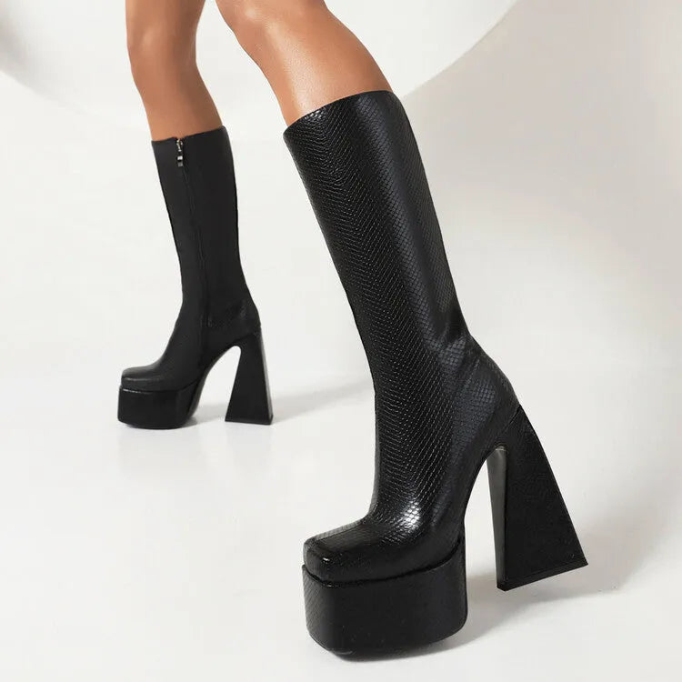 Women's artificial PU high boots in black, red, blue and white colours for casual wear