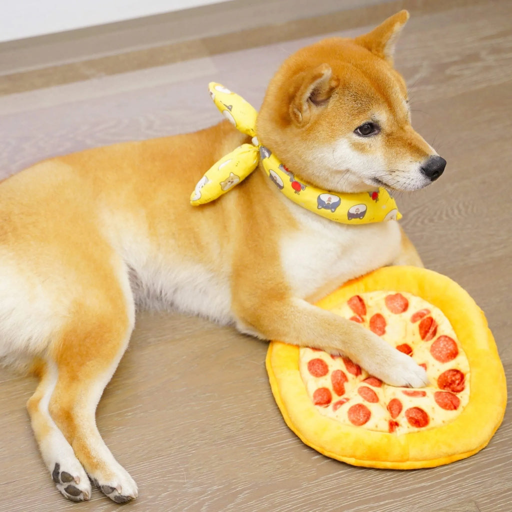Yellow pizza design dog chewing toy with pepperoni and cheese details, 4 inches diameter