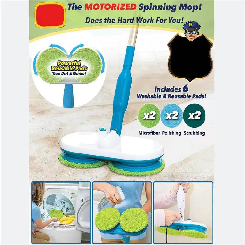 Hand-held wireless electric mop with USB charging, automatic floor wiping, and three interchangeable cleaning pads