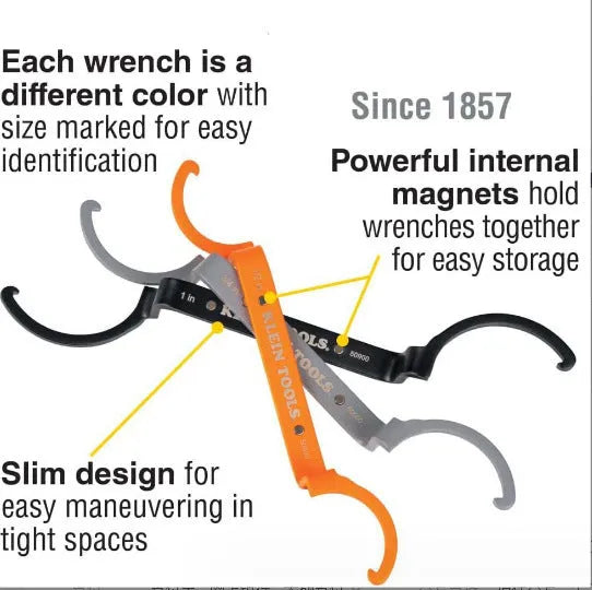 Three magnetic suction wrenches in orange, grey, and black colours showing crescent, catheter locking, and three-in-one tools