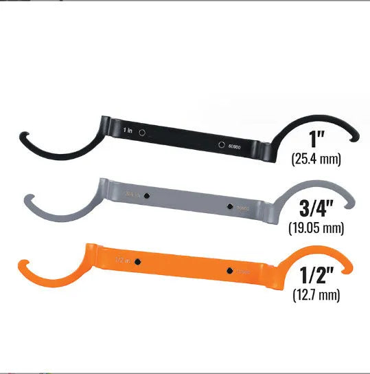 Three magnetic suction wrenches in orange, grey, and black colours showing crescent, catheter locking, and three-in-one tools