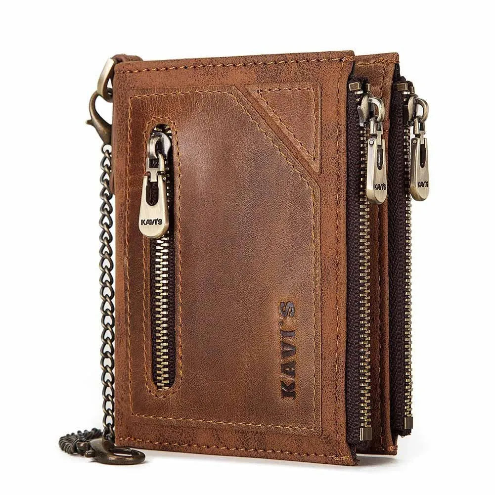 Men's anti-theft RFID blocking genuine leather wallet in dark brown with chain detail