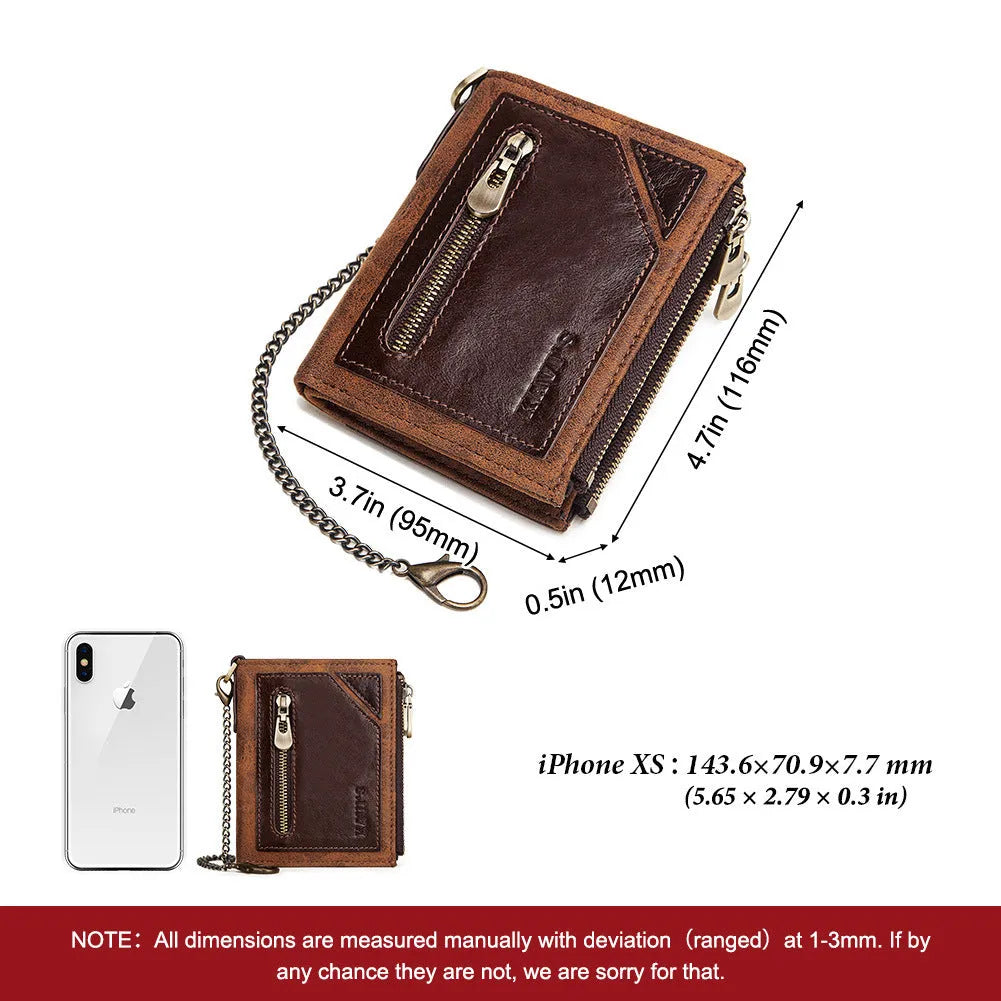 Men's anti-theft RFID blocking genuine leather wallet in dark brown with chain detail