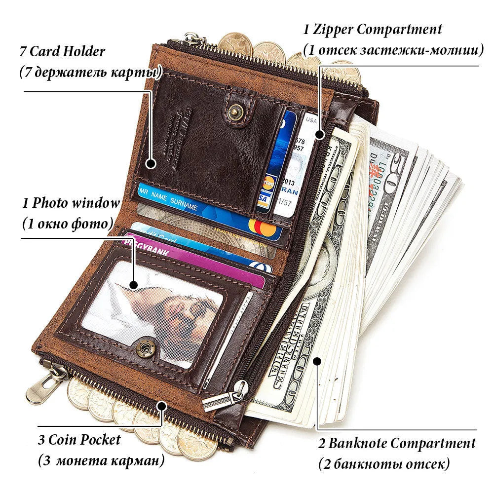 Men's anti-theft RFID blocking genuine leather wallet in dark brown with chain detail