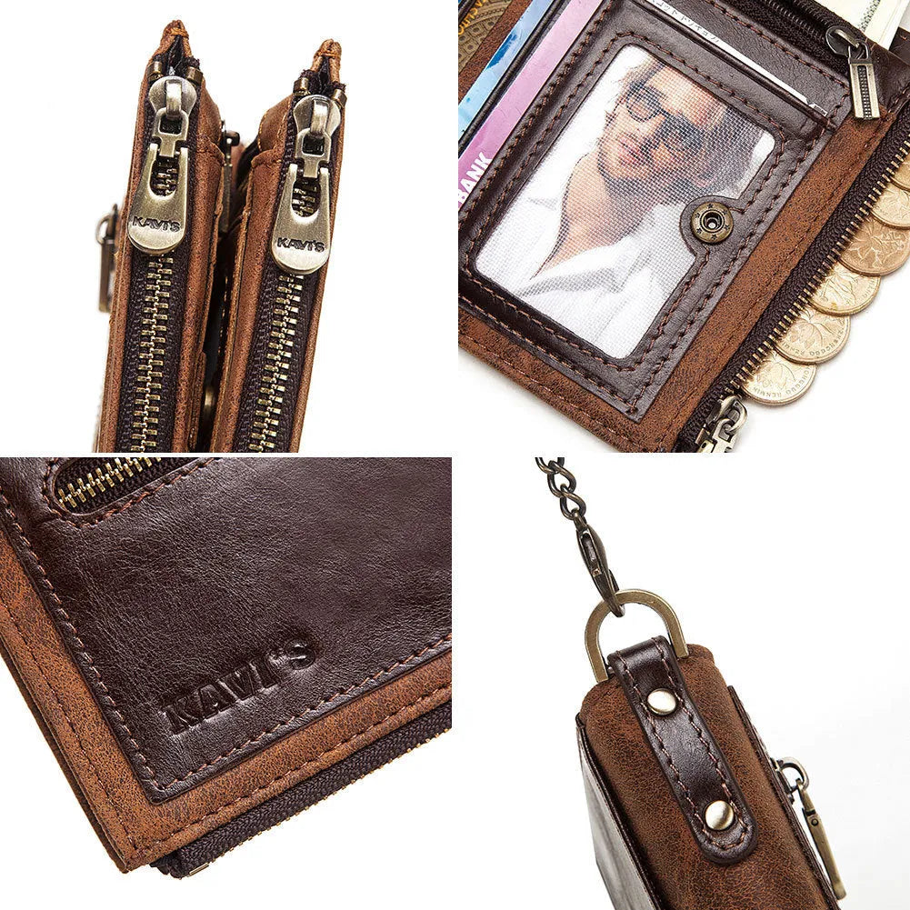 Men's anti-theft RFID blocking genuine leather wallet in dark brown with chain detail