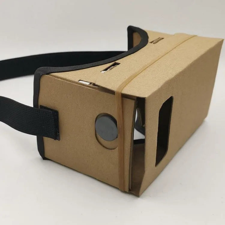 Pink and white cardboard VR glasses viewer for smartphones with 3D lenses.