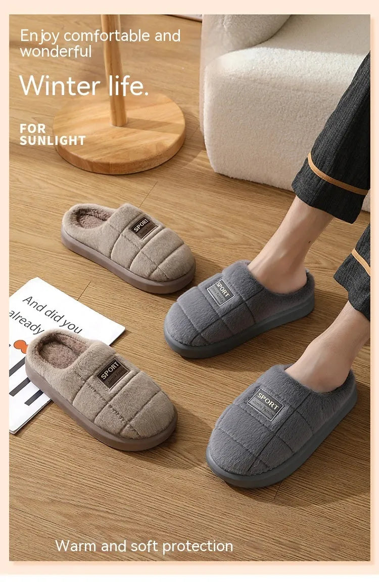 Men's plaid pattern rabbit hair slippers with artificial wool lining and thick EVA sole.