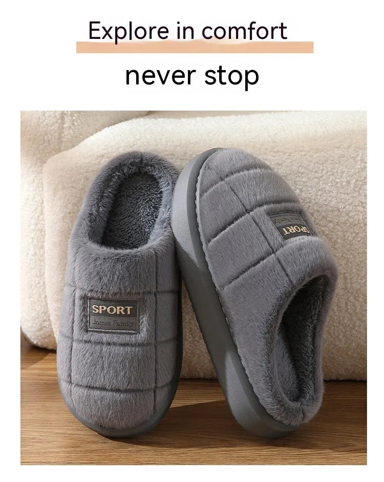 Men's grey plaid rabbit hair winter slippers with thick EVA rubber soles