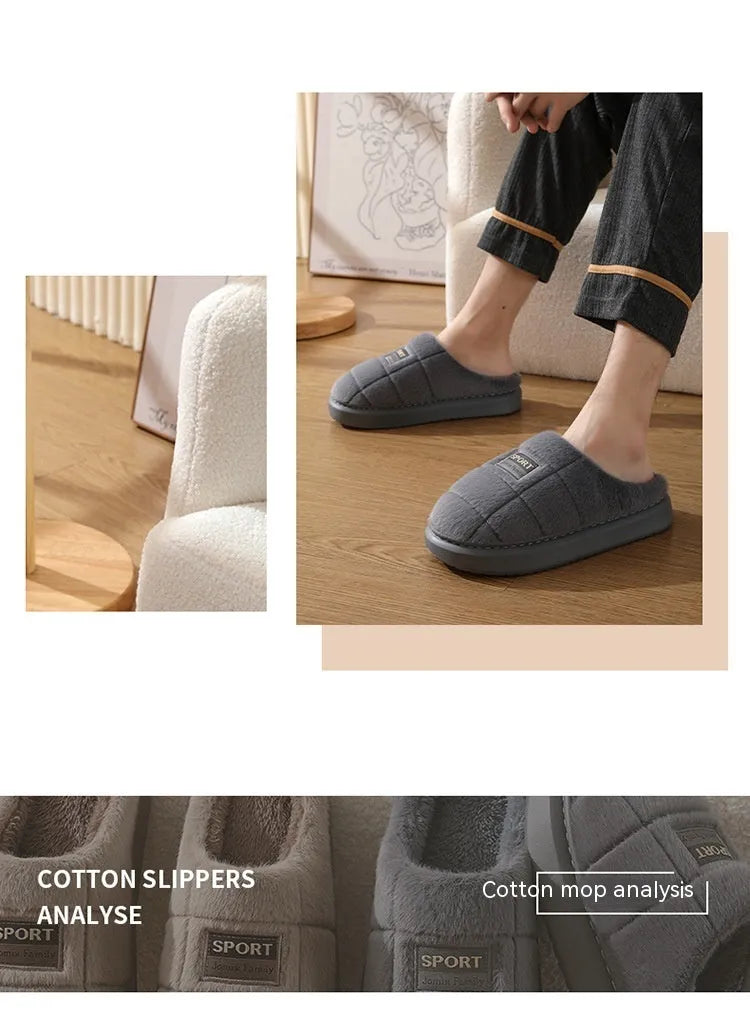 Men's plaid pattern rabbit hair slippers with artificial wool lining and thick EVA sole.
