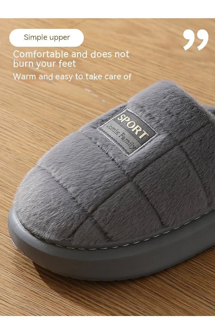 Men's plaid pattern rabbit hair slippers with artificial wool lining and thick EVA sole.